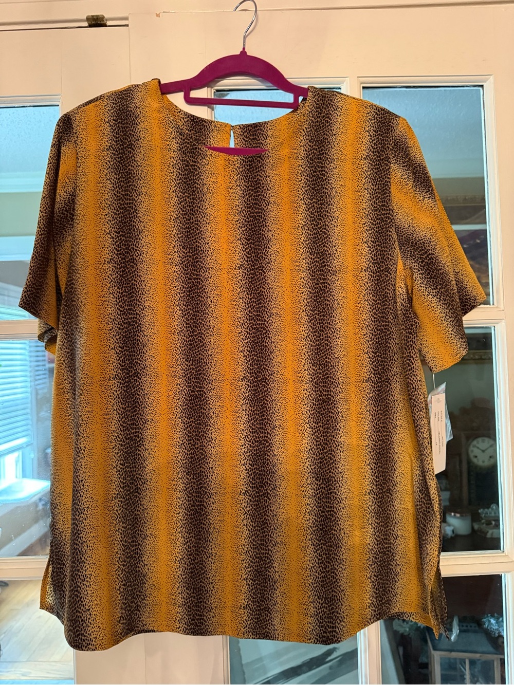 Womans Short-Sleeve Striped Pattern Shirt in Mustard and Brown